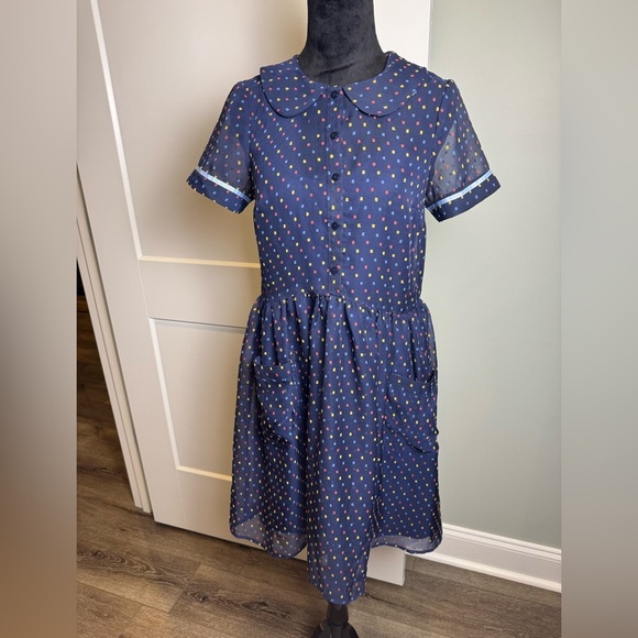 Modcloth Navy sheer Dress detachable slip with Multicolor Dots collar pockets - Picture 1 of 8